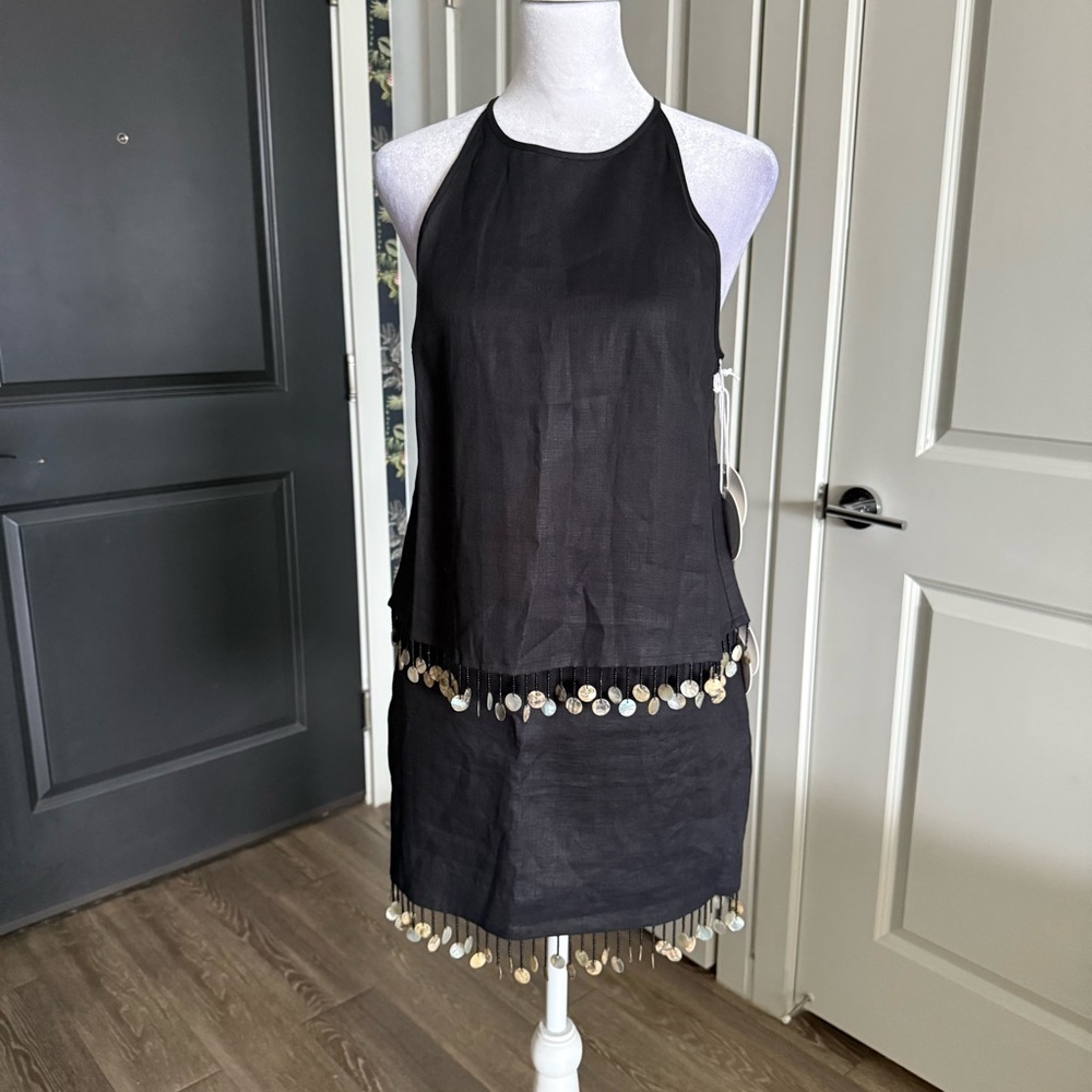 NWT STAUD Black Linen Matching Skirt Set with Beaded Fringe Size 8